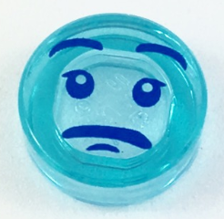 Display of LEGO part no. 98138pb083 which is a Trans-Light Blue Tile, Round 1 x 1 with Face with Blue Eyes, Eyebrows and Frown Pattern (Zan in Form of Water) 
