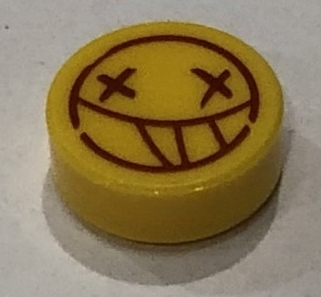 Display of LEGO part no. 98138pb112 Tile, Round 1 x 1 with Smilie Face and X Eyes Pattern  which is a Yellow Tile, Round 1 x 1 with Smilie Face and X Eyes Pattern 