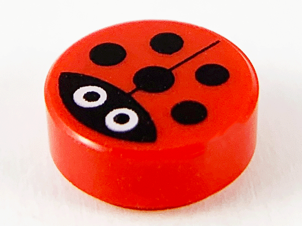 Display of LEGO part no. 98138pb177 Tile, Round 1 x 1 with Ladybug Pattern  which is a Red Tile, Round 1 x 1 with Ladybug Pattern 
