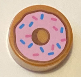 Display of LEGO part no. 98138pb182 Tile, Round 1 x 1 with Donut / Doughnut with Bright Pink Frosting and Dark Azure and Dark Pink Sprinkles Pattern  which is a Medium Nougat Tile, Round 1 x 1 with Donut / Doughnut with Bright Pink Frosting and Dark Azure and Dark Pink Sprinkles Pattern 