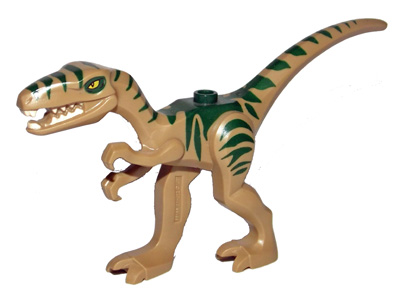 Display of LEGO part no. 98166pb01 which is a Dark Tan Dinosaur Coelophysis / Gallimimus with Dark Green Stripes and Yellow Eyes Pattern 