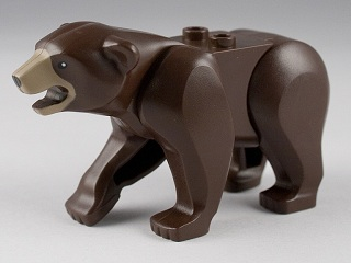 Display of LEGO part no. 98295c01pb02 Bear with 2 Studs on Back and Dark Tan Muzzle Pattern  which is a Dark Brown Bear with 2 Studs on Back and Dark Tan Muzzle Pattern 