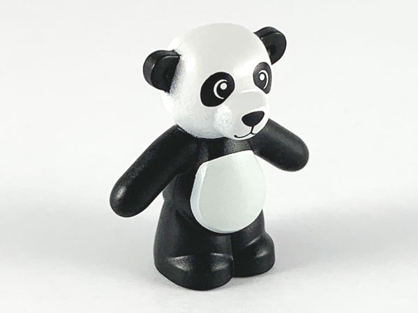Display of LEGO part no. 98382pb003 Teddy Bear with White Head and Stomach Panda Pattern  which is a Black Teddy Bear with White Head and Stomach Panda Pattern 