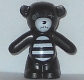 Display of LEGO part no. 98382pb005 Teddy Bear with Dark Bluish Gray Button Eye and White Muzzle and Striped Stomach Pattern  which is a Black Teddy Bear with Dark Bluish Gray Button Eye and White Muzzle and Striped Stomach Pattern 