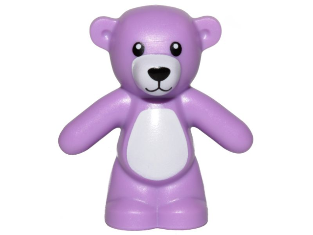 Display of LEGO part no. 98382pb007 Teddy Bear with Black Eyes, Nose and Mouth and White Stomach and Muzzle Pattern  which is a Medium Lavender Teddy Bear with Black Eyes, Nose and Mouth and White Stomach and Muzzle Pattern 