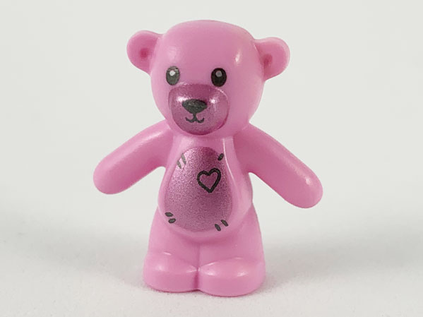 Display of LEGO part no. 98382pb010 Teddy Bear with Black Eyes, Metal Pink Muzzle and Stomach, Black Stitches and Heart Pattern  which is a Bright Pink Teddy Bear with Black Eyes, Metal Pink Muzzle and Stomach, Black Stitches and Heart Pattern 