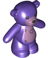 Display of LEGO part no. 98382pb010 Teddy Bear with Black Eyes, Metal Pink Muzzle and Stomach, Black Stitches and Heart Pattern  which is a Dark Purple Teddy Bear with Black Eyes, Metal Pink Muzzle and Stomach, Black Stitches and Heart Pattern 