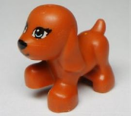 Display of LEGO part no. 98386pb01 Dog, Friends, Puppy, Walking with Bright Light Blue Eyes and Black Nose and Mouth Pattern (Scarlett)  which is a Dark Orange Dog, Friends, Puppy, Walking with Bright Light Blue Eyes and Black Nose and Mouth Pattern (Scarlett) 