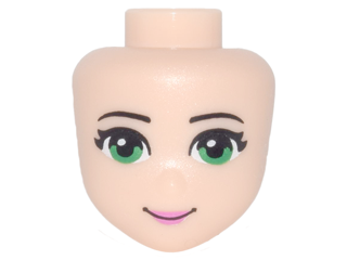Display of LEGO part no. 98704 Mini Doll, Head Friends with Green Eyes, Dark Pink Lips and Closed Mouth Pattern  which is a Light Nougat Mini Doll, Head Friends with Green Eyes, Dark Pink Lips and Closed Mouth Pattern 