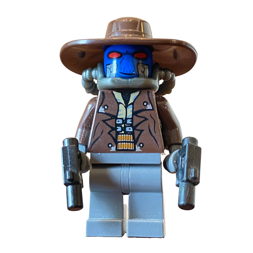 This LEGO minifigure is called, Cad Bane, Dark Bluish Gray Hands and Legs *Small crack in torso on back and bite mark on nose. It's minifig ID is sw0285.