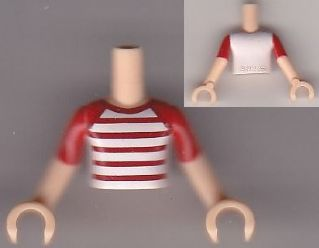 Display of LEGO part no. FTBpb009c01 Torso Mini Doll Boy White T-Shirt with Red and White Stripes Pattern, Arms with Hands with Red Short Sleeves  which is a Light Nougat Torso Mini Doll Boy White T-Shirt with Red and White Stripes Pattern, Arms with Hands with Red Short Sleeves 