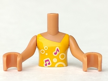 Display of LEGO part no. FTGpb012c01 Torso Mini Doll Girl Bright Light Orange Vest Top with Music Notes and Circles Pattern, Arms with Hands  which is a Medium Nougat Torso Mini Doll Girl Bright Light Orange Vest Top with Music Notes and Circles Pattern, Arms with Hands 