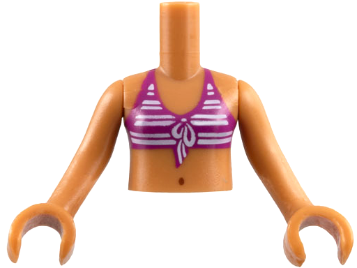 Display of LEGO part no. FTGpb020c01 which is a Medium Nougat Torso Mini Doll Girl Magenta Bikini Top with White Stripes, Navel Pattern, Arms with Hands 