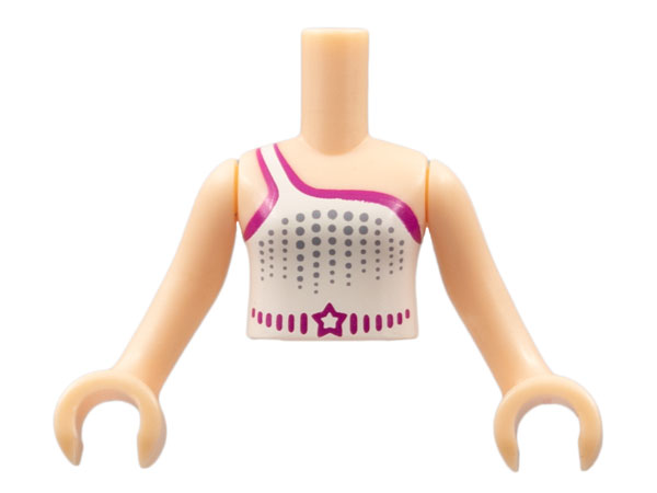 Display of LEGO part no. FTGpb028c01 Torso Mini Doll Girl Sleeveless One Strap Top with White and Magenta Pattern, Arms with Hands  which is a Light Nougat Torso Mini Doll Girl Sleeveless One Strap Top with White and Magenta Pattern, Arms with Hands 
