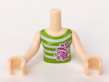 Display of LEGO part no. FTGpb032c01 Torso Mini Doll Girl Green Vest Top with White Stripes and Magenta Dolphin and Starfish Pattern, Arms with Hands  which is a Light Nougat Torso Mini Doll Girl Green Vest Top with White Stripes and Magenta Dolphin and Starfish Pattern, Arms with Hands 