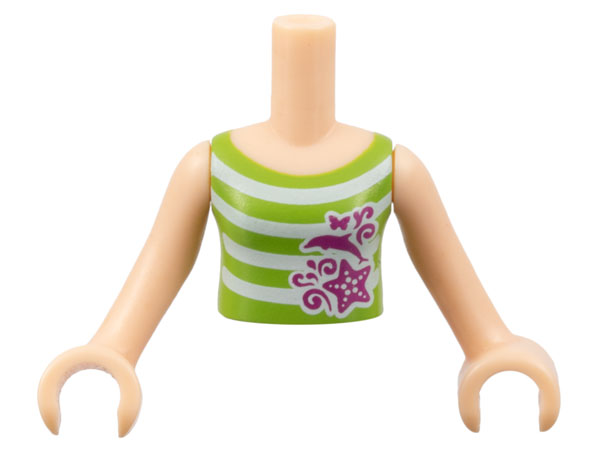 Display of LEGO part no. FTGpb032c01 which is a Light Nougat Torso Mini Doll Girl Lime Top with White Stripes and Magenta Dolphin, Starfish, Butterfly, and Swirls Pattern, Arms with Hands 