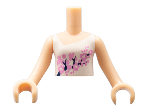 Display of LEGO part no. FTGpb035c01 Torso Mini Doll Girl White Vest Top with Bright Light Pink and Black Flowers Pattern, Arms with Hands  which is a Light Nougat Torso Mini Doll Girl White Vest Top with Bright Light Pink and Black Flowers Pattern, Arms with Hands 