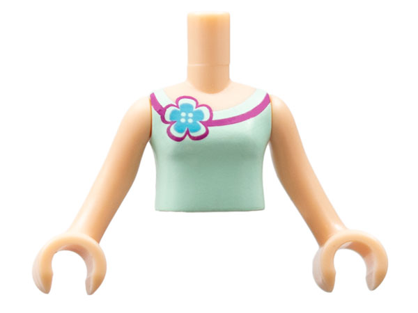 Display of LEGO part no. FTGpb037c01 Torso Mini Doll Girl Light Aqua Vest Top with Flower Pattern, Arms with Hands  which is a Light Nougat Torso Mini Doll Girl Light Aqua Vest Top with Flower Pattern, Arms with Hands 