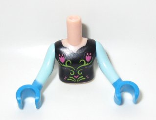 Display of LEGO part no. FTGpb058c01 Torso Mini Doll Girl Black Top with Flower Pattern, Light Aqua Sleeves and Dark Azure Gloves  which is a Light Nougat Torso Mini Doll Girl Black Top with Flower Pattern, Light Aqua Sleeves and Dark Azure Gloves 