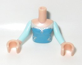 Display of LEGO part no. FTGpb059c01 Torso Mini Doll Girl Medium Azure Top with Silver Icons Pattern, Arms with Hands with Light Aqua Sleeves  which is a Light Nougat Torso Mini Doll Girl Medium Azure Top with Silver Icons Pattern, Arms with Hands with Light Aqua Sleeves 