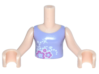 Display of LEGO part no. FTGpb072c01 Torso Mini Doll Girl Lavender Top with Dark Pink and White Flowers Pattern, Arms with Hands  which is a Light Nougat Torso Mini Doll Girl Lavender Top with Dark Pink and White Flowers Pattern, Arms with Hands 