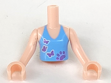 Display of LEGO part no. FTGpb073c01 which is a Light Nougat Torso Mini Doll Girl Medium Blue Halter Top with Medium Lavender Paw Print and 3 Butterflies Pattern, Arms with Hands 