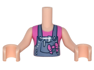 Display of LEGO part no. FTGpb104c01 Torso Mini Doll Girl Denim Overalls with Dark Pink Top And Pocket with Ruler and Pen Pattern, Arms with Hands  which is a Light Nougat Torso Mini Doll Girl Denim Overalls with Dark Pink Top And Pocket with Ruler and Pen Pattern, Arms with Hands 