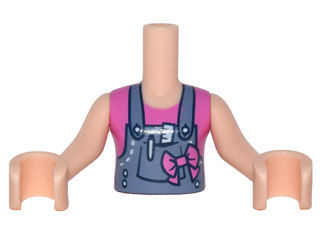 Display of LEGO part no. FTGpb104c01 which is a Light Nougat Torso Mini Doll Girl Sand Blue Overalls with Ruler and Pen in Pocket over Dark Pink Sleeveless Shirt, Bow Pattern, Arms with Hands 