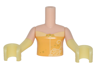 Display of LEGO part no. FTGpb106c01 which is a Light Nougat Torso Mini Doll Girl Bright Light Orange Top with Rose Trim Pattern, Arms with Hands with Bright Light Yellow Gloves 