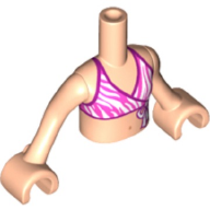 Display of LEGO part no. FTGpb128c01 Torso Mini Doll Girl Dark Pink and White Bikini Top with Magenta Edges Pattern, Arms with Hands  which is a Light Nougat Torso Mini Doll Girl Dark Pink and White Bikini Top with Magenta Edges Pattern, Arms with Hands 