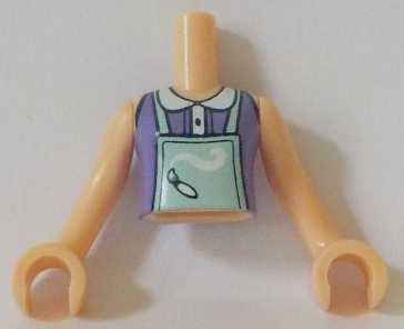 Display of LEGO part no. FTGpb162c01 Torso Mini Doll Girl Medium Lavender Top and Light Aqua Apron Pattern, Arms with Hands  which is a Light Nougat Torso Mini Doll Girl Medium Lavender Top and Light Aqua Apron Pattern, Arms with Hands 