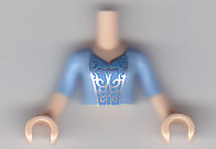 Display of LEGO part no. FTGpb167c01 Torso Mini Doll Girl Bright Light Blue Top, Silver Scrolls on Medium Blue Inset Pattern, Arms and Hands with Bright Light Blue Short Sleeves  which is a Light Nougat Torso Mini Doll Girl Bright Light Blue Top, Silver Scrolls on Medium Blue Inset Pattern, Arms and Hands with Bright Light Blue Short Sleeves 