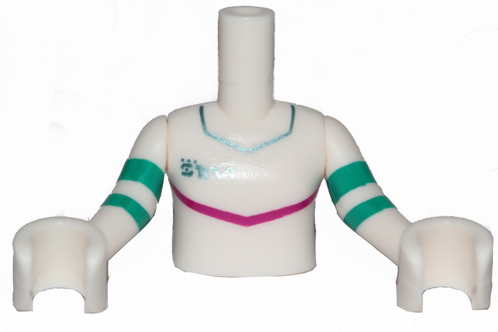 Display of LEGO part no. FTGpb212c01 Torso Mini Doll Girl Jumpsuit with Magenta Stripe Pattern, Arms with Hands with Turquoise Stripes  which is a White Torso Mini Doll Girl Jumpsuit with Magenta Stripe Pattern, Arms with Hands with Turquoise Stripes 