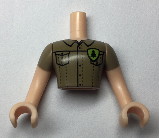Display of LEGO part no. FTMpb039c01 Torso Mini Doll Man Dark Tan Shirt with Pockets and Green Badge with Tree Pattern, Arms with Hands with Dark Tan Sleeves  which is a Light Nougat Torso Mini Doll Man Dark Tan Shirt with Pockets and Green Badge with Tree Pattern, Arms with Hands with Dark Tan Sleeves 