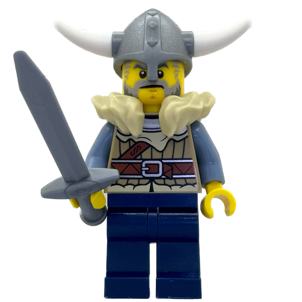 Display of Viking Warrior - Male, Dark Tan Jacket with Tan Fur, Dark Blue Legs, Flat Silver Helmet from 31132