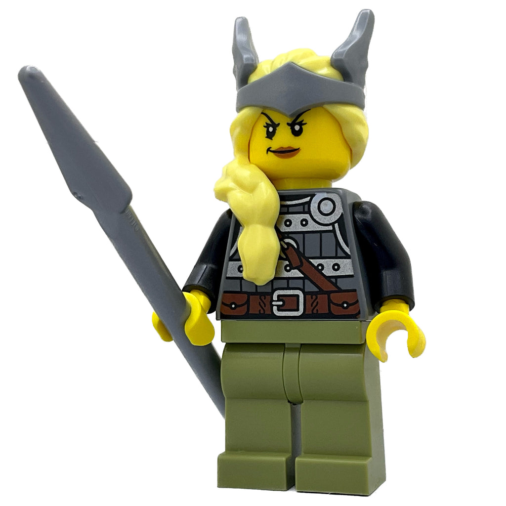 Display of Viking Warrior - Female, Dark Bluish Gray and Silver Armor, Olive Green Legs, Bright Light Yellow Hair with Diadem from 31132