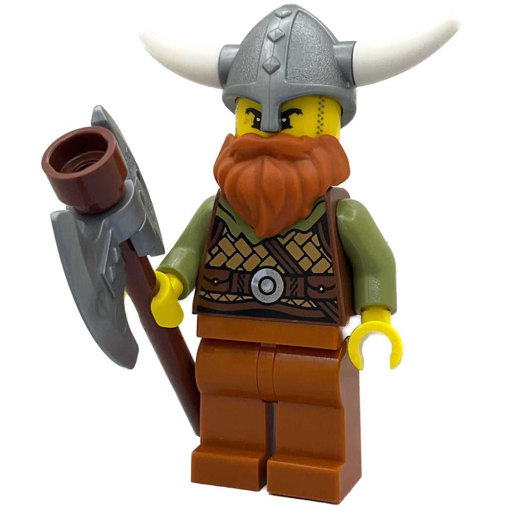 Display of Viking Warrior - Male, Medium Nougat Leather Armor, Dark Orange Beard and Legs, Flat Silver Helmet from 31132