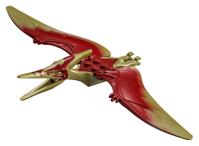 Display of LEGO part no. Ptera05 Dinosaur Pteranodon with Dark Red Back and Small Oval Nostrils  which is a Olive Green Dinosaur Pteranodon with Dark Red Back and Small Oval Nostrils 