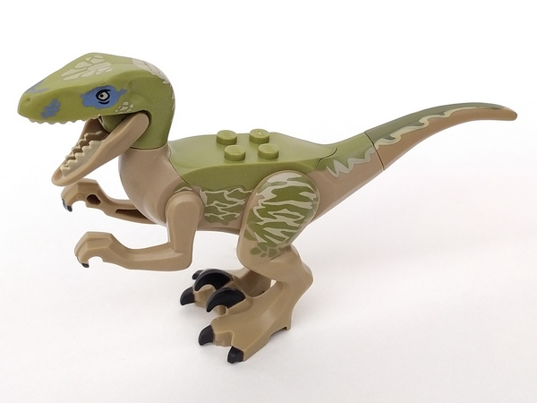 Display of LEGO part no. Raptor06 Dinosaur Raptor / Velociraptor with Olive Green Back and Tan Markings (Jurassic World Delta)  which is a Dark Tan Dinosaur Raptor / Velociraptor with Olive Green Back and Tan Markings (Jurassic World Delta) 