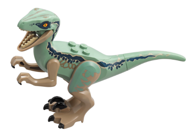 Display of LEGO part no. Raptor09 Dinosaur Raptor / Velociraptor with Sand Green Back (Jurassic World Blue)  which is a Dark Tan Dinosaur Raptor / Velociraptor with Sand Green Back (Jurassic World Blue) 