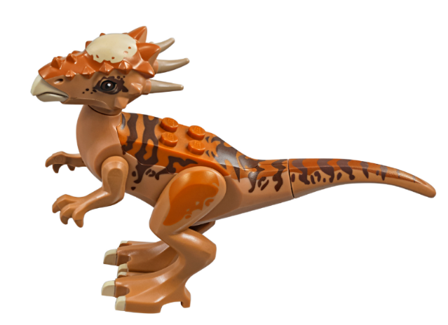 Display of LEGO part no. Styg01 which is a Medium Nougat Dinosaur Stygimoloch with Dark Orange Back and Dark Brown Stripes 