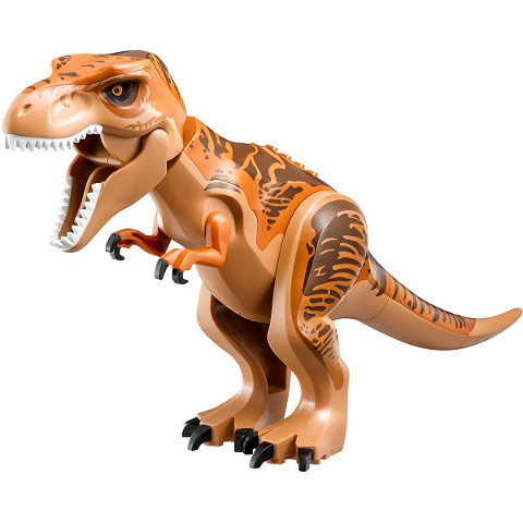 Display of LEGO part no. TRex04 Dinosaur Tyrannosaurus rex with Dark Orange Back and Dark Brown Markings  which is a Medium Nougat Dinosaur Tyrannosaurus rex with Dark Orange Back and Dark Brown Markings 