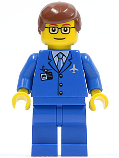 Display of LEGO City Airport, Blue 3 Button Jacket & Tie, Reddish Brown Male Hair, Glasses with Thin Eyebrow