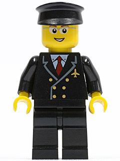 Display of LEGO City Airport, Pilot with Red Tie and 6 Buttons, Black Legs, Black Hat, Glasses and Open Smile