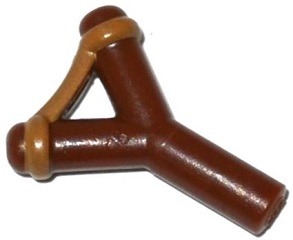 Display of LEGO part no. bb0664pb01 Minifigure, Weapon Slingshot with Dark Tan Band Pattern  which is a Reddish Brown Minifigure, Weapon Slingshot with Dark Tan Band Pattern 
