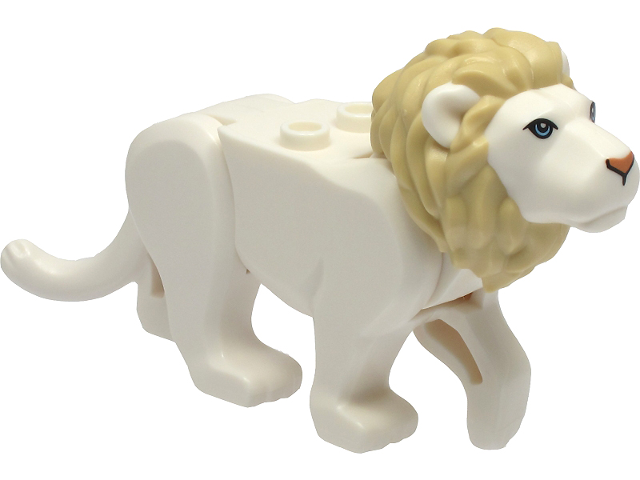 Display of LEGO part no. bb0787c04pb01 Cat, Large (Lion) with Tan Mane, Bright Light Blue Eyes and Nougat Nose Pattern  which is a White Cat, Large (Lion) with Tan Mane, Bright Light Blue Eyes and Nougat Nose Pattern 