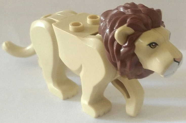 Display of LEGO part no. bb0787c04pb02 Cat, Large (Lion) with Reddish Brown Mane, Nougat Eyes, Nougat Nose and White Muzzle Pattern  which is a Tan Cat, Large (Lion) with Reddish Brown Mane, Nougat Eyes, Nougat Nose and White Muzzle Pattern 