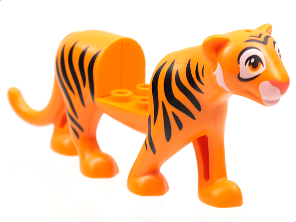 Display of LEGO part no. bb1256pb01 Big Cat with 2 x 2 Cutout, Black Tiger Stripes, White Trim on Face Pattern (Rajah)  which is a Orange Big Cat with 2 x 2 Cutout, Black Tiger Stripes, White Trim on Face Pattern (Rajah) 