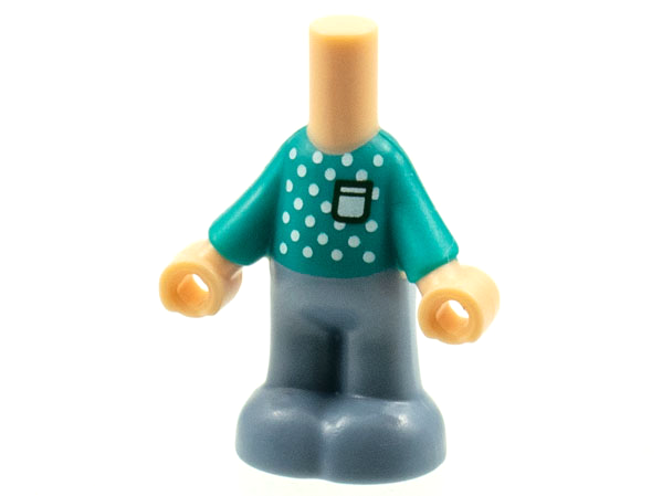 Display of LEGO part no. bb1357pb007 which is a Light Nougat Micro Doll, Body with Molded Dark Turquoise Shirt and Sand Blue Pants and Printed White Dots and Pocket Pattern 