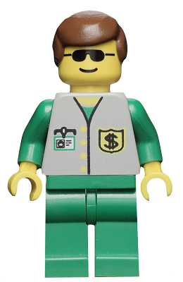 This LEGO minifigure is called, Bank, Green Legs, Brown Male Hair . It's minifig ID is bnk001.